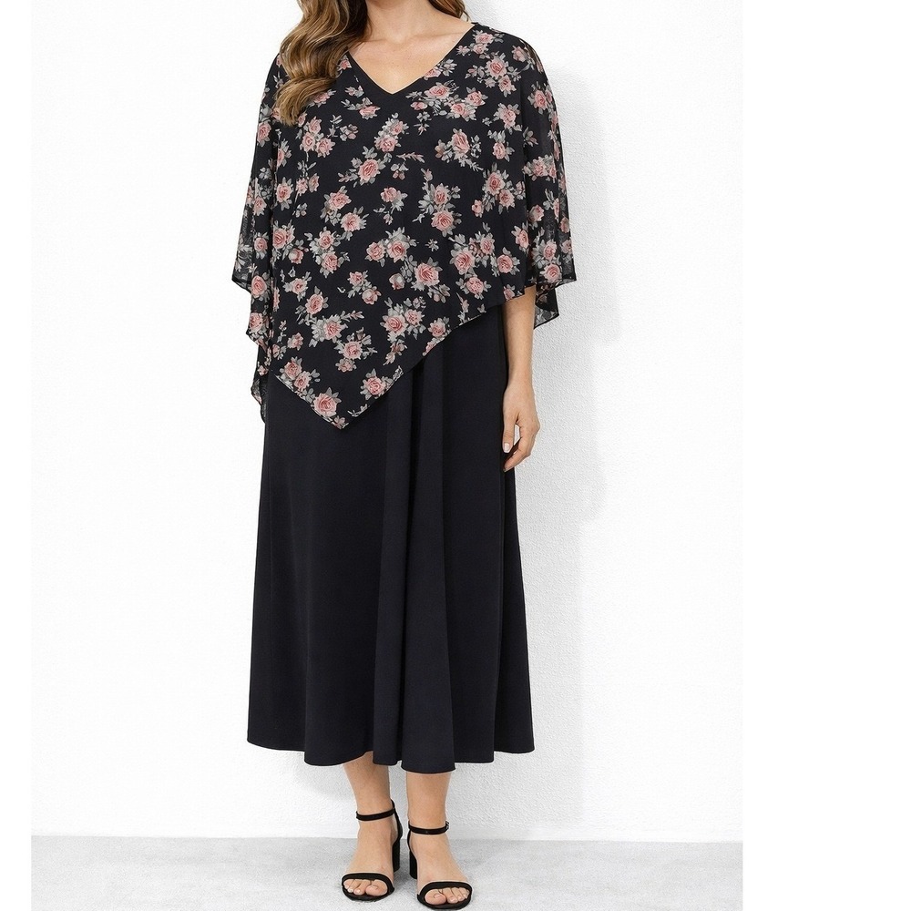 Dress Tells Dress Women XL Black Floral Chiffon Cape Overlay ALine Wedding Guest